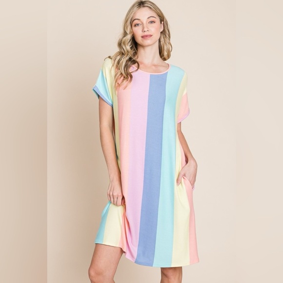 BOMBOM Striped Short Sleeve Dress with Pockets - Picture 3 of 6